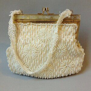 Winter White Beaded Purse Satin Evening Hand Bag Cream Gold Metal Frame Vintage